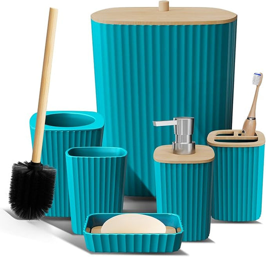 Clara Clark Bathroom Set - Teal Bathroom Accessories Set, 6PC Bathroom Accessory Set, Bathroom Sets with Toilet Brush, Trash Can & Soap Dispenser