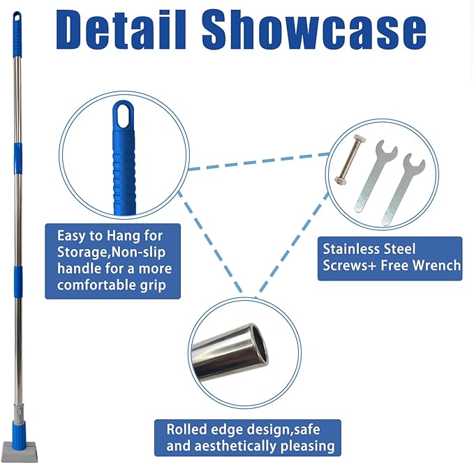 Heavy Duty Commercial Jaw Clamp Mop Handle 55.7 Inch, Thickened Stainless Steel Blue Mop Stick, Industrial Grade Replacement Adjustable Mop Rod