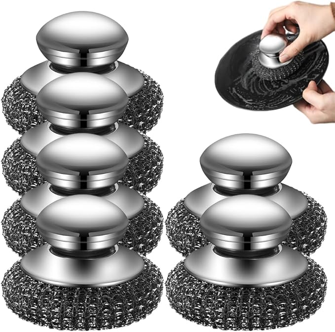 Steel Wool Scrubber, 2026 New Stainless Steel Scrubber with Handle, Kitchen Cleaning Tools for Cleaning Dishes, Iron Pots, Stoves, Wash Sink (6pcs)