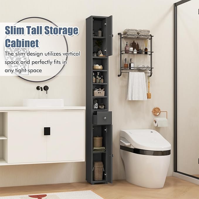 Giantex Slim Bathroom Storage Cabinet - 71” Tall Narrow Floor Cabinet Cupboard with 2 Doors, 5 Adjustable Shelves, 1 Drawer, Anti-Tipping Device, Thin Linen Tower Cabinet for Living Room (2, Grey)