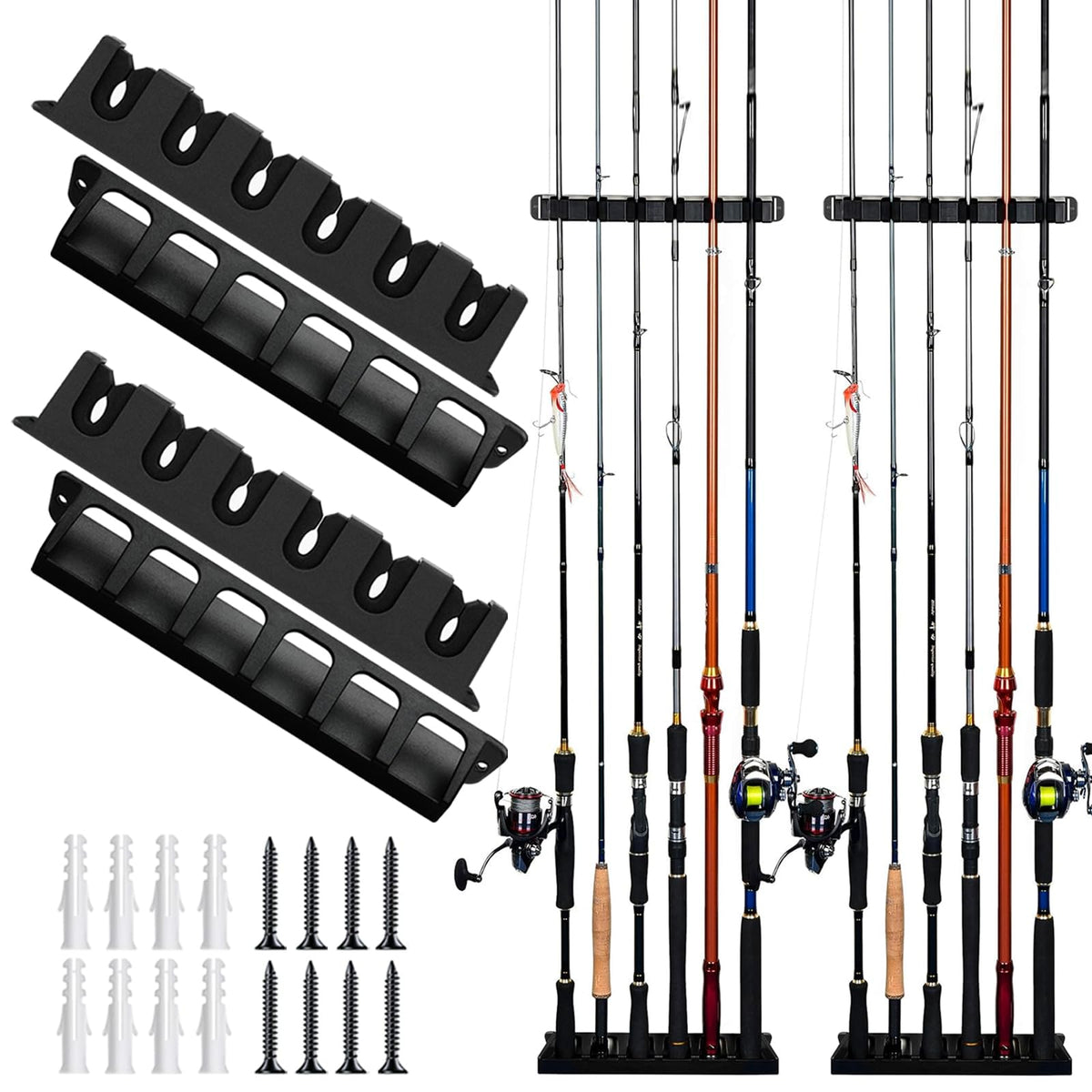 2-Set Vertical Fishing Rod Holders Wall-Mounted Holds 12 Rods - Image 1