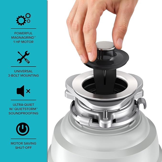 KRAUS WasteGuard 1 HP Continuous Feed Garbage Disposal with Ultra-Quiet Motor for Kitchen Sink with Power Cord and Flange Included, KWD201-100MCG