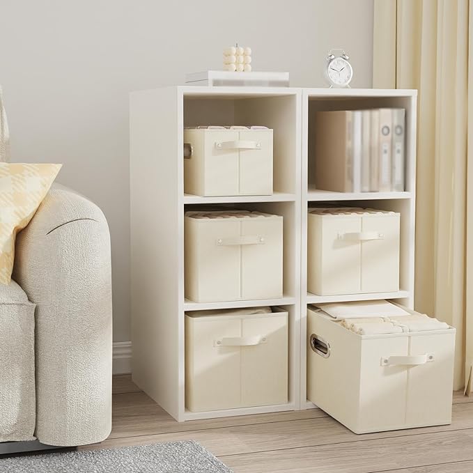 Foldable Cloth Basket with 4 Handles, Decorative Open Storage Boxes, Stackable Cube Organization, Fabric Bins for Shelves, Closet, Living Room, 10.2x7.9x6.7in, Beige, 2 Pack