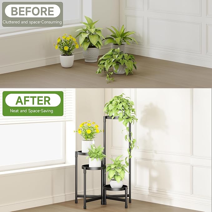 Folding Plant Stand Indoor Outdoor with Metal Tray, 4 Tiered Corner Flower Holder Shelf Metal Orchid Display Rack for Patio Porch Living Room Garden Balcony, Modern Black