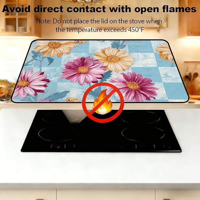 Glass Stove Top Covers for Electric Stove, Heat Resistant Counter Protector Mat, Non Slip Waterproof Surface Cover for Kitchen Counter and Cooktop (Vintage Daisy Patchwork, 28"L x 20"W)