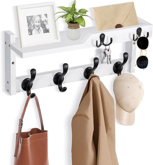 Coat Rack Wall Mount with Shelf, Coat Hanger Wall Mount with Key Hooks and Mail Holder, Wood Entryway Floating Shelf with Hooks and Storage, Hat Rack for Wall Key Holder Mail Organizer