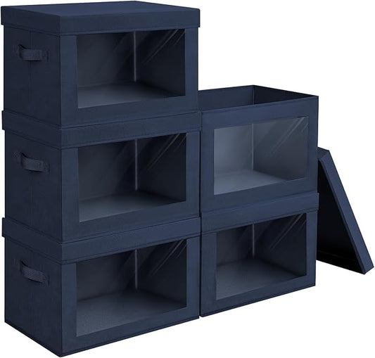 Stackable Storage Bins with Lids - Large Decorative Basket with Lids, Fabric Foldable Closet Organizer Bins, Shelf Organizer for Living Room, Dorm, 5 Pack, Navy Blue
