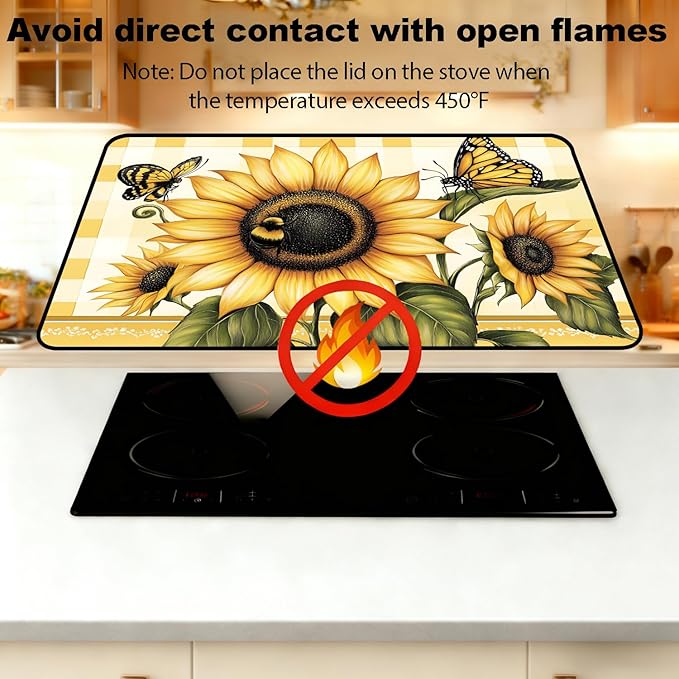 Glass Stove Top Covers for Electric Stove, Heat Resistant Counter Protector Mat, Non Slip Waterproof Surface Cover for Kitchen Counter and Cooktop (Sunflower Check, 28"L x 20"W)