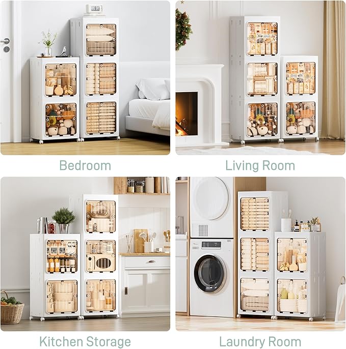 JEKO&JEKO 214 Qt Expanded Bathroom Storage Cabinet, 2-Tier Tall Cabinet Organizer with Wheels, Foldable Plastic Storage Bin for Kitchen, Laundry Room or Home, White
