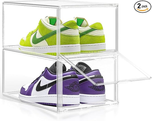 2 Pack Drop-Front Clear Shoe Storage Box Acrylic Box Shoe Organizer Size 12, Stackable Shoe Tower with Magnetic Door Storage Cubbies for Sneaker Containers Boot Display & Closet Organization