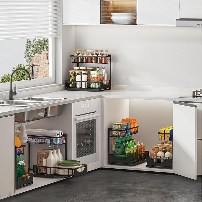 Under Sink Organizer and Storage for Bathroom and Kitchen - 2 Pack 2 Tier Under Cabinet Pull Out Shelf Organizers - Sliding Out Drawer Organization for Home Cabinets Shelves and Drawers