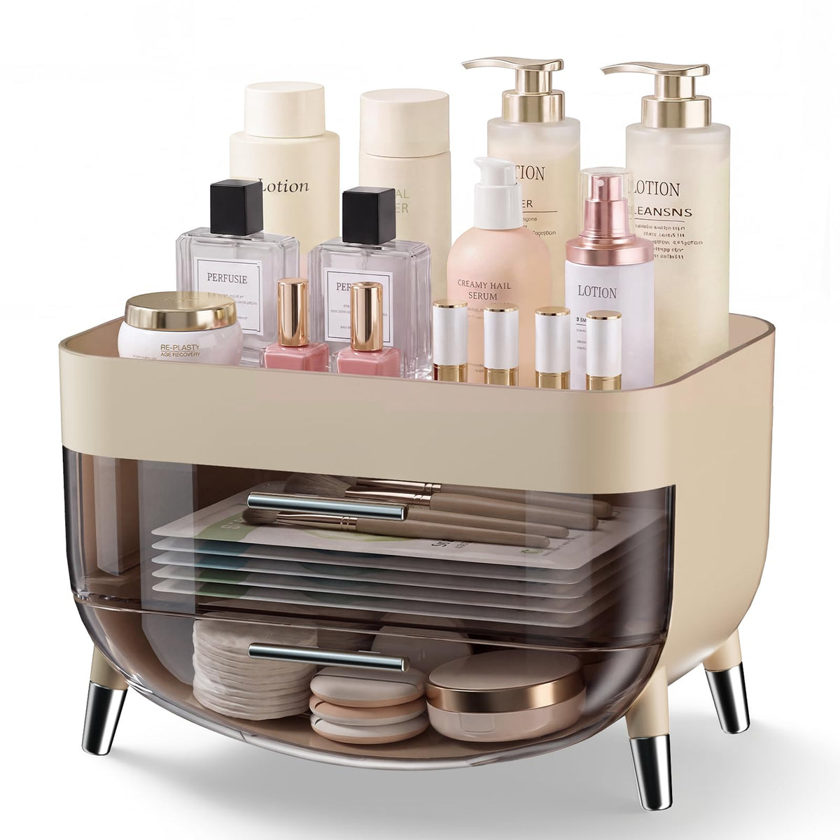 Jywantful Makeup Organizers for Vanity, Khaki Skincare Storage - Image 1