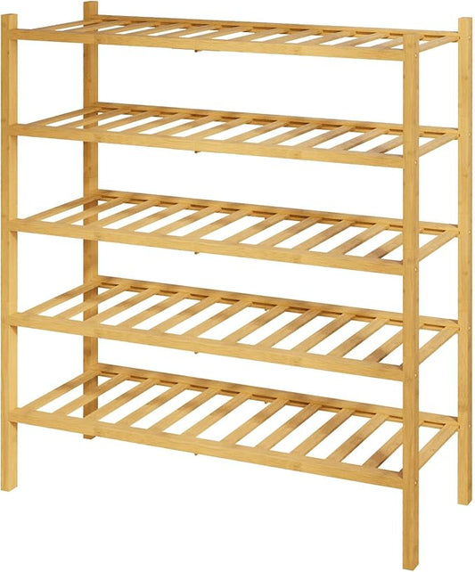 Kitsure Bamboo Wooden Shoe Rack for Closet - Stackable Shoe Organizer with Modular Structure, Space-Saving Shoe Shelf for Entryway, Living Room, Bedroom, 26.8" Wide - 5 Tiers, Natural