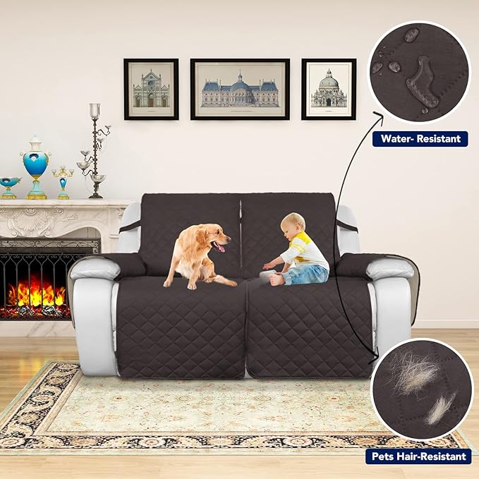 PureFit Water Resistant Reversible Sofa Cover for Reclining Sofa 2 Seat - Non Slip Split Recliner Couch Cover for Double Recliner, Washable Furniture Protector for Kid, Dogs (2 Seat, Chocolate/Beige)