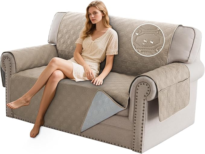 PrinceDeco Loveseat Couch Cover for 2 Cushion Couch Sofa Cover for Dogs Water Proof Slipcover Non-Slip Furniture Protector with Elastic Straps for Pet Cat Children(Loveseat 48",Taupe)