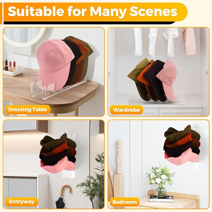 Clear Acrylic Hat Stand for Baseball Caps – 28-Cap Easy Setup Organizer for Bedroom, Closet, Dresser, Countertop, Display and Storage for Baseball Caps, Sports Hats, and Collectibles (4-Pack)