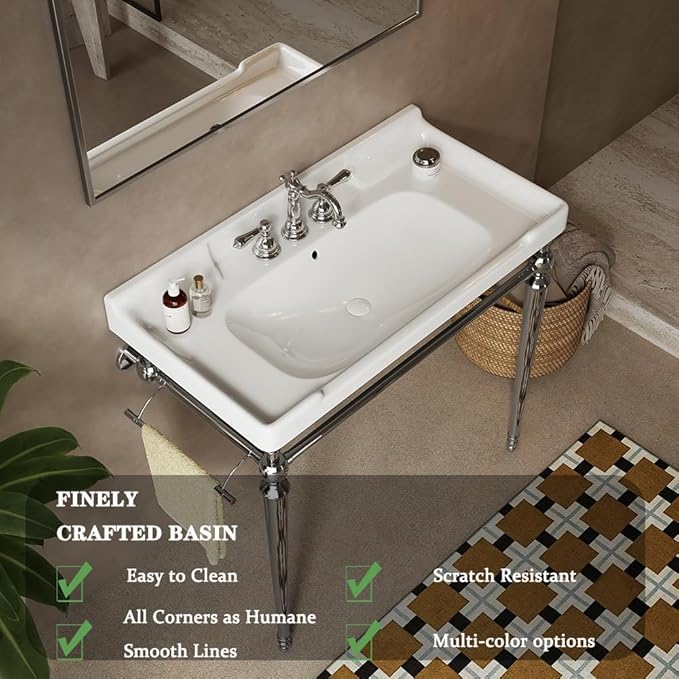 36" Bathroom Console Sink, Wall-Mounted White Ceramic Vanity Basin with 3 Pre-drilled Faucet Holes, Freestanding Chrome Stainless Steel Support Legs with Towel Bar, No Faucet - Rome, White