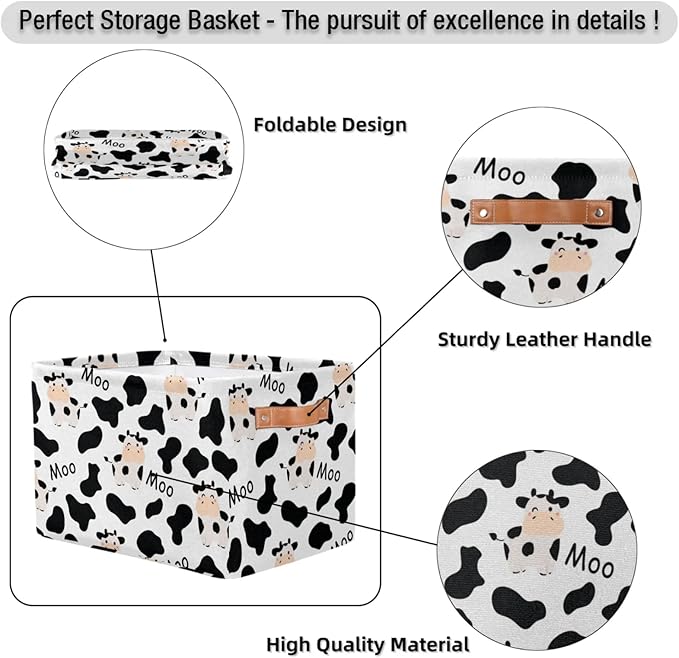 Rectangle Storage Baskets for Organizing - Foldable Storage Bin Cubes with Handles, Large Organizer Bins Boxes Toy Closet Shelf Nursery Laundry Basket, 1 Pcs(Cute Cow Print)