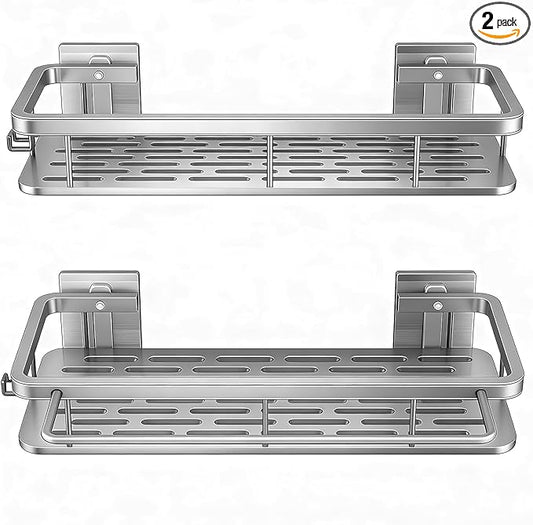 EVALAND Shower Caddy Adhesive 2-Pack with Hooks and Rod for Towels, Silver – Premium Bathroom Shower Shelves, Shampoo Organizer, Bathtub Shelf, Rustproof, Easy Installation, Sturdy Modern Look