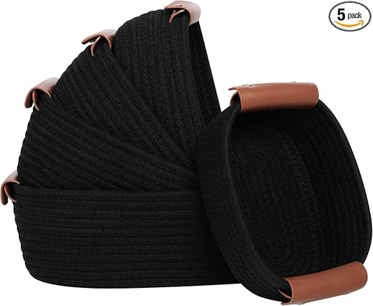 5 Piece Storage Baskets Small Woven Basket with Detachable Leather Handle, Cotton Rope Shelf Baskets for Closet Organizers, Different Sizes Basket Decor, Black