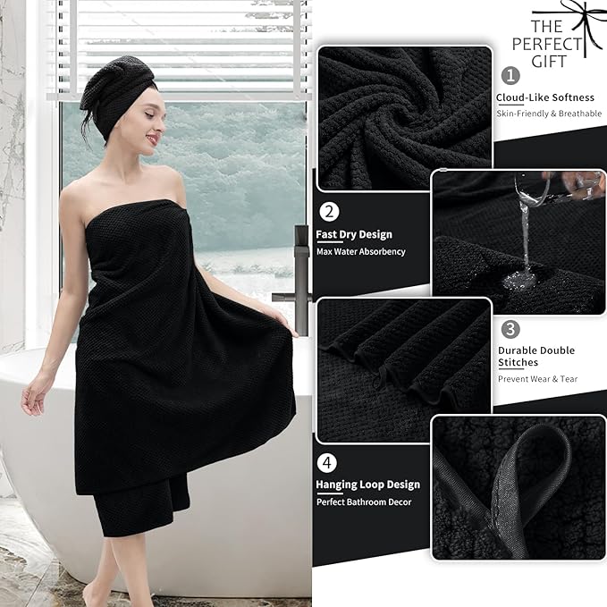 8 Piece Bathroom Towel Set Black |2 Oversized Large Bath Towels Sheet,2 Hand Towels and 4 Washcloths| 600GSM Ultra Soft Luxury Premium Towel Set Highly Absorbent Quick Dry Hotel Towel Collection