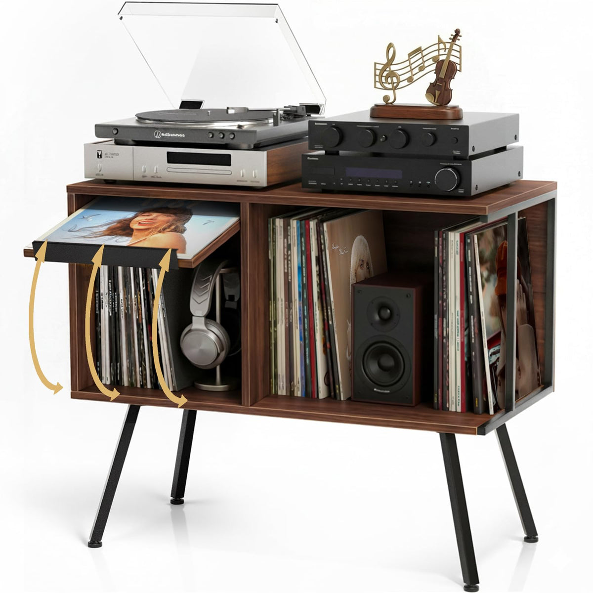 Record Player Stand with Flip-Down Record Shelf, Walnut - Image 1