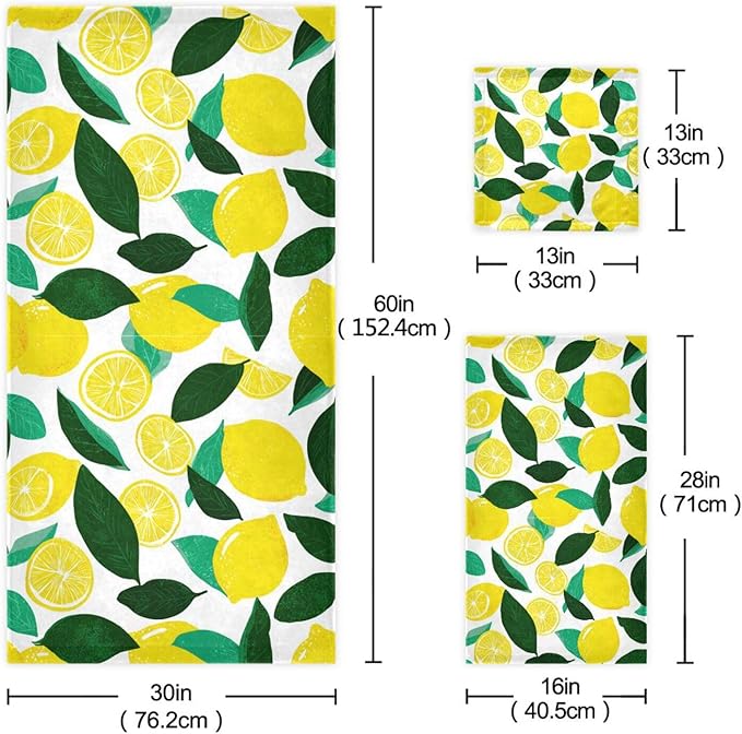 Pfrewn Fresh Lemon Towels Set of 3 Yellow Lemons Leaves Bathroom Towel Soft Absorbent Bath Hand Towels Washcloth Guest Towel Sets Bathroom Decorations