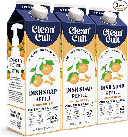Cleancult Dish Soap Liquid Refills - Plant Based Cleaning Power - Cuts Grease & Grime - Free of Harsh Chemicals - Uses 90% Less Plastic - Mandarin Peel - 32 oz/3 Pack