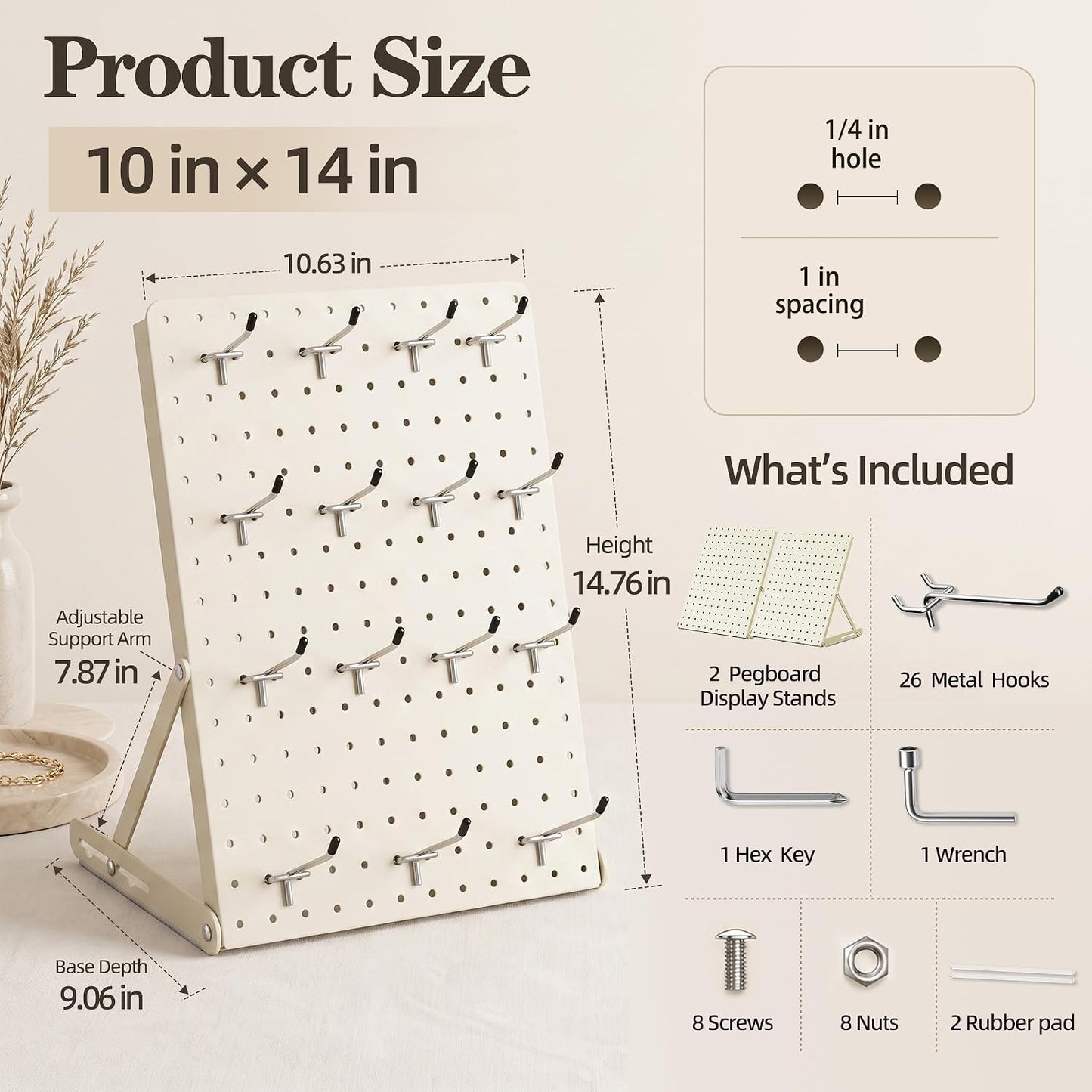 Tabletop Pegboard Organizer with 26 Hooks — Modular Display & Storage Stand, 10.6"×14.8", Metal, Black