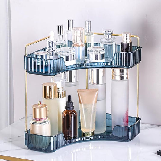 Corner Bathroom Counter Organizer Bathroom Countertop Shelf Makeup Organizer for Vanity Perfume Tray for Corner Storage (2 Tiers, Blue)