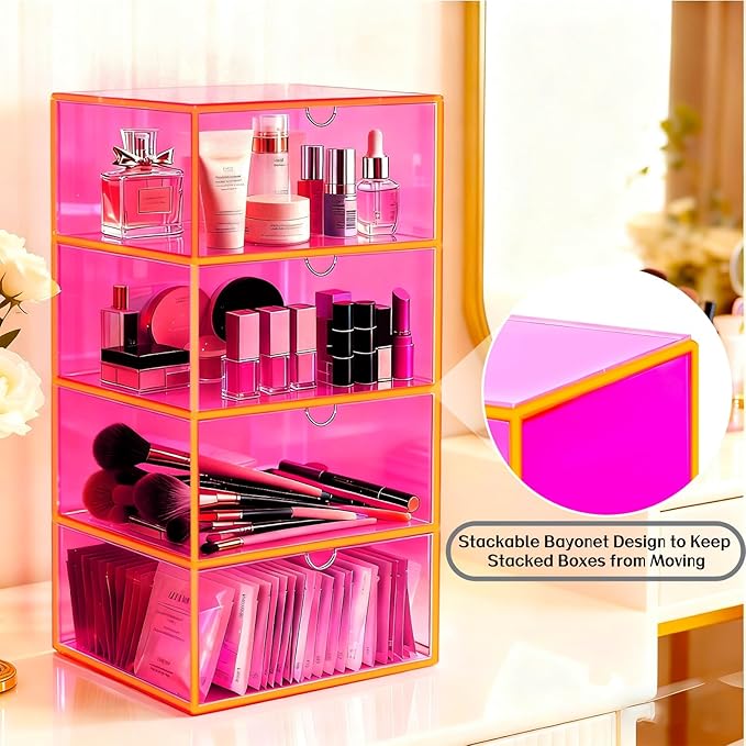Acrylic Desk Organizer with Drawers Stackable Makeup Organizer for Vanity Office Countertop Cosmetic Display Cases Makeup Storage Box, Neon Pink