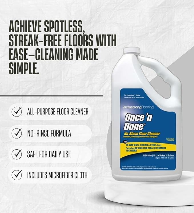 Armstrong Once'N Done Floor Cleaner Liquid 64 oz Bundle with Microfiber Cloth – Multi-Surface Floor Cleaner for Vinyl, Laminate, Tile, and More – Gift Set (2 Items)