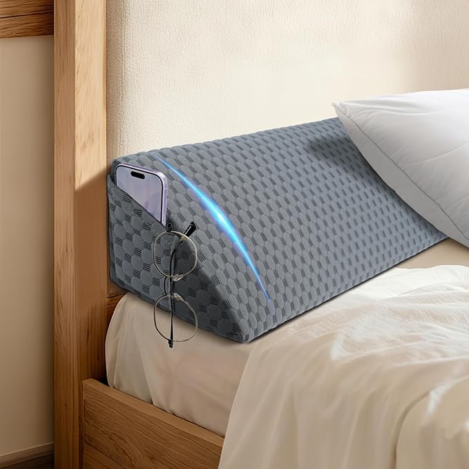 Full Size (54"x6"x8") Bed Wedge Pillow for Headboard Mattress Gap Filler (0-6") for College Dorm Sleeping, Dark Gray