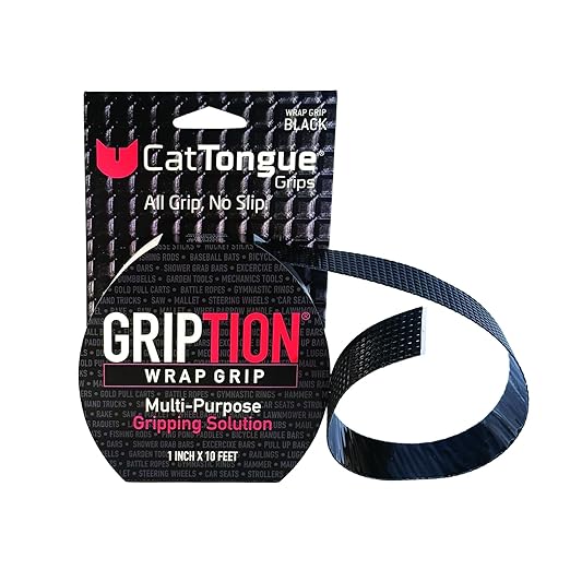 CATTONGUE GRIPS Non-Abrasive Grip Tape Wrap - 1” Thick Heavy-Duty, Waterproof Anti-Slip Tape for Wrapping Tools, Bats, Gym Equipment - Indoor & Outdoor Anti-Slip Solution (Black, 10ft)