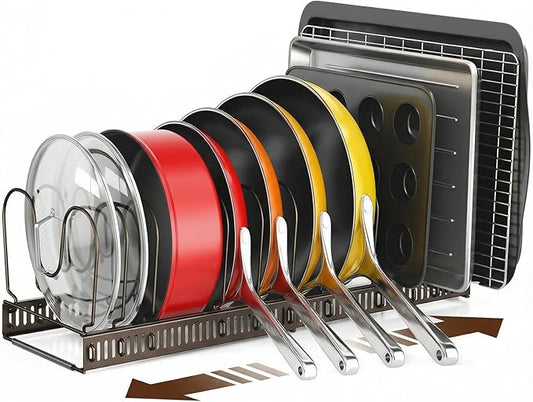 ORDORA Pots and Pans Organizer under Cabinet with Pan Holder: Expandable 11.8"-22.8" Kitchen Cabinet Organizer Rack, 12 Adjustable Dividers Storage for Cookie Sheets, Cutting Boards & Lid, Bronze