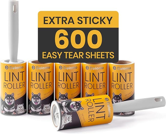 DELOMO Extra Sticky Lint Roller for Pet Hair, 600 Sheets Mega Pack (2 Rollers+ 4 Refills), Pet Hair Remover for Clothes, Couch, Furniture, Bedding, Car Seats - Easy Peel Design for Dog Cat Owners