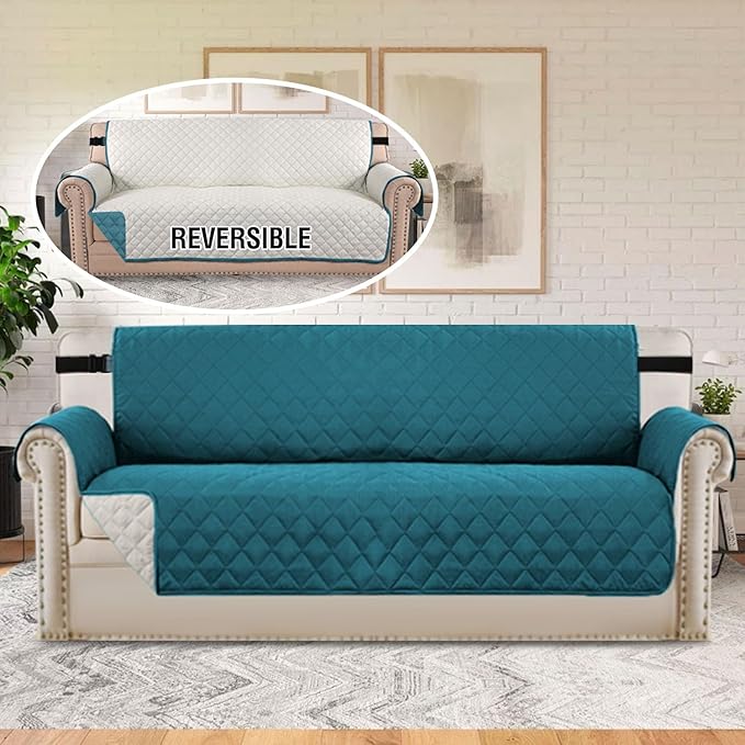 H.VERSAILTEX Reversible Couch Cover Sofa Cover for 3 Cushion Couch Water Resistant Dog Couch Protector Furniture Covers for Pets Non Slip Sofa Couch Cover with Elastic Strap(Sofa, Dark Teal/Beige)