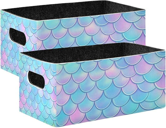 Kcldeci Princess Mermaid Kawaii Rainbow Scales Storage Bins Baskets for Organizing, Sea Fish Tale Sturdy Storage Basket Foldable Storage Baskets for Shelves Closet Nursery Toy