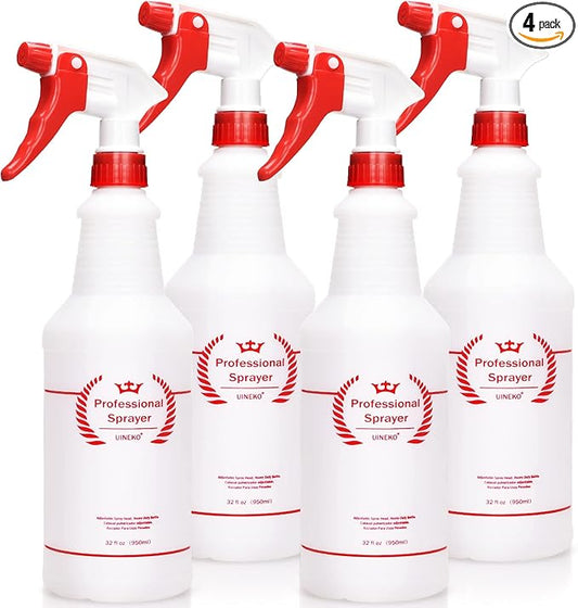 Plastic Spray Bottle (4 Pack, 32 Oz, All-Purpose) Heavy Duty Spraying Bottles Leak Proof Mist Empty Water Bottle for Cleaning Solution Planting Pet with Adjustable Nozzle and Measurements