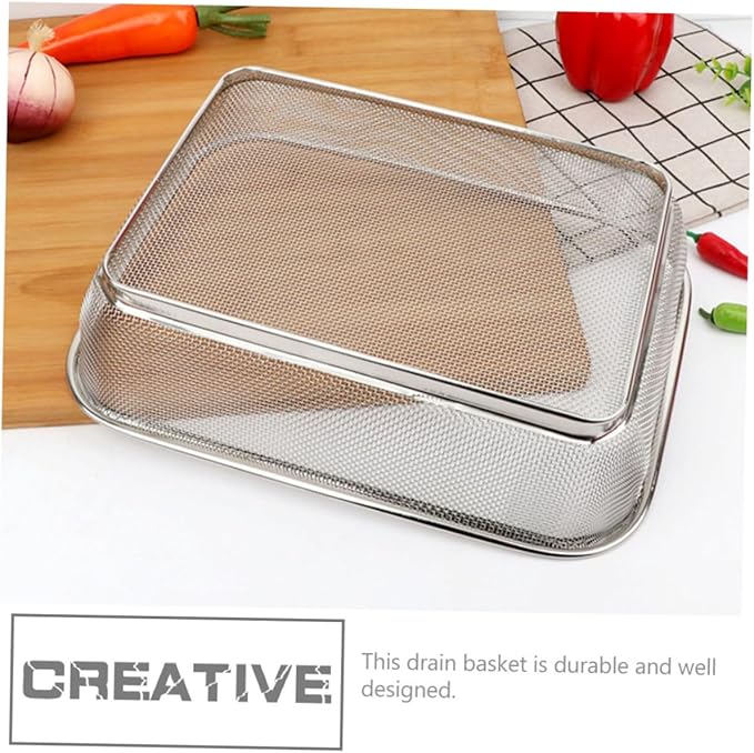 Stainless Steel Fine Mesh Drain Basket 13.4X9.8X3.1In Shallow Colander for Kitchen Sieve and Vegetable Washing Multi-Purpose Strainer with Holes for Easy Water Draining