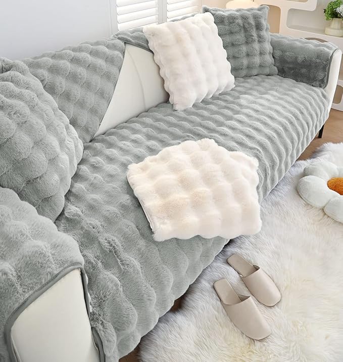 Soft Warm Faux Fur Couch Sofa Cover Thick Shaggy Fuzzy Sectional Couch Cover Non-Slip Solid Color Plush Sofa Slipcover Furniture Protector for Kids, Pets (Light Grey,36"x70")