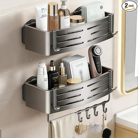 2Pcs Corner Shower Shelf Caddy Suction Cup, No Drill Hole with Towel Bar and Hook, Gray Bathroom Storage Rack, Zero Drill Square Shelves, Store Toiletries and Bath Towel for Bathroom Kitchen RV