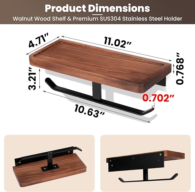 Double Toilet Paper Holder with Walnut Wood Shelf - Wall Mount & Self-Adhesive Bathroom Tissue Roll Holder, Black Stainless Steel with Walnut Shelf for Phone - Home Apartment Restroom