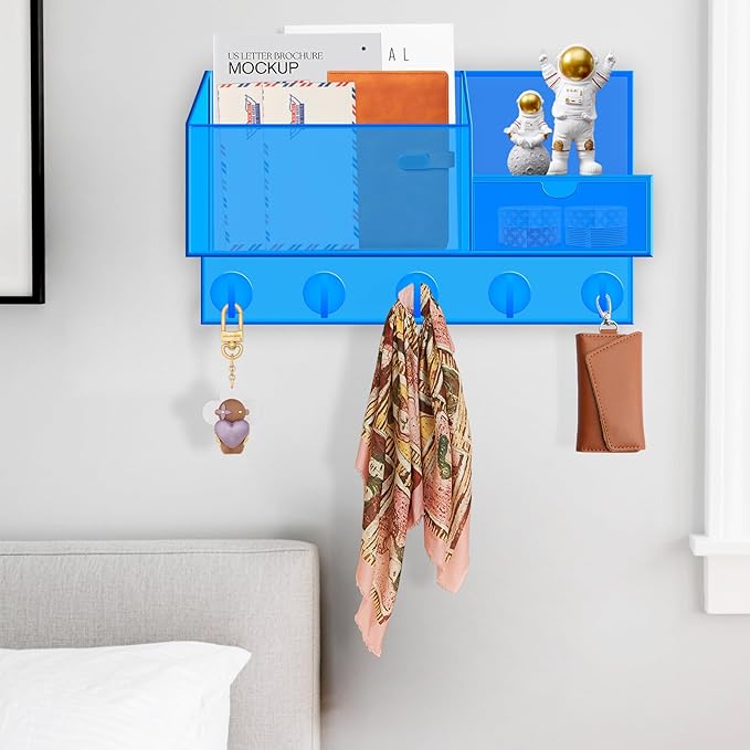 Acrylic Key Holder Wall Mount Mail Organizer for Wall with Shelf Storage Drawer and 5 Hooks, Blue