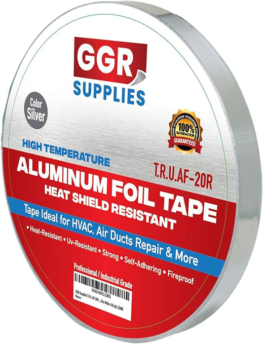 GGR Supplies AF-20R Professional/Industrial Grade High Temperature Heat Shield Resistant Aluminum Foil Tape Ideal for HVAC, Air Ducts Repair (3.6Mil): 1/2 in. Wide x 50 yds.