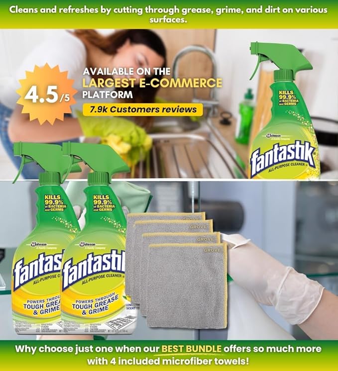 Fantastik Lemon Scent Multi-Purpose Cleaner Spray 32 oz Bundle with Microfiber Cloth - Multi-Surface Cleaner - Removes Grease & Grime - Leaves a Fresh, Clean Finish - (6 Items)