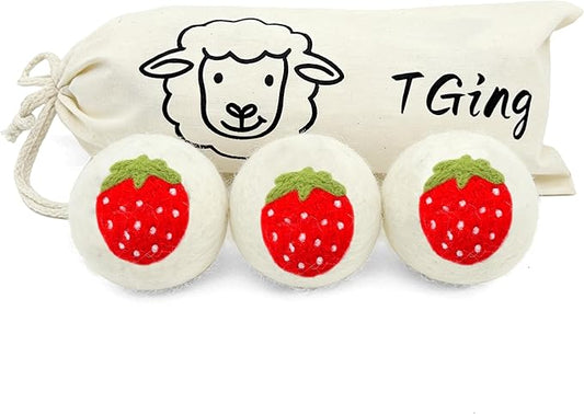 Wool Dryer Balls，New Zealand Wool Laundry Balls for Dryer (Pack of 3, Strawberry Handmade Pattern)，Softens Clothes,Naturally Reduces Drying Time and Static Electricity