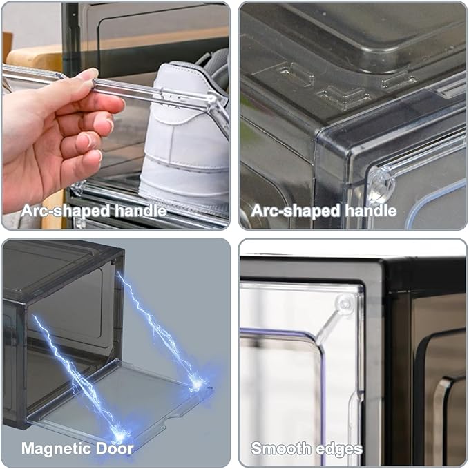 KUILONG 6-Pack Stackable Shoe Boxes with Magnetic Closure, Transparent Gray Shoe Organizer and Storage Container for Sneaker Display(Gray, XL-6PCS)