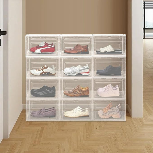 12 Pack Clear Shoe Boxs, Acrylic Shoe Storage Box W/ Magnetic Door, Side Door Opening, Stackable Shoe Container, Multifunctional Sneaker Organizer, Acrylic Shoe Display Case 13.39*10.63*8.66in