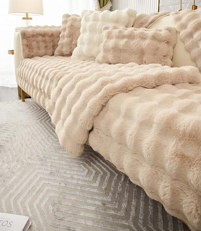 Soft Warm Faux Fur Couch Sofa Cover Thick Shaggy Fuzzy Sectional Couch Cover Non-Slip Solid Color Plush Sofa Slipcover Furniture Protector for Kids, Pets (Light Brown,43"x63")